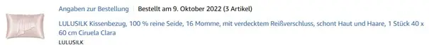 Screenshot von der Bestellung vom zweiten Seidenkopfkissen