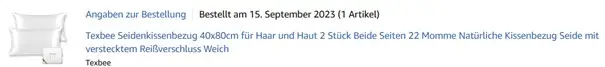 Screenshot von der Bestellung vom dritten Seidenkopfkissen