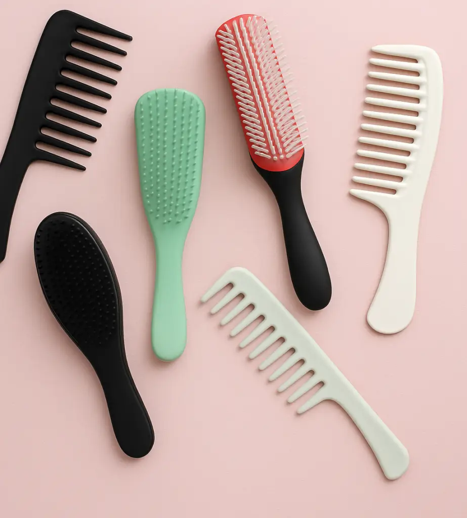 6 verschiedene Kämme und Haarbürsten für Locken