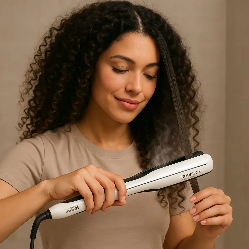 Frau mit lockigem Haar glättet eine Haarsträhne mit dem L'Oréal SteamPod – glätteisen schonend anwenden bei natürlichen Locken