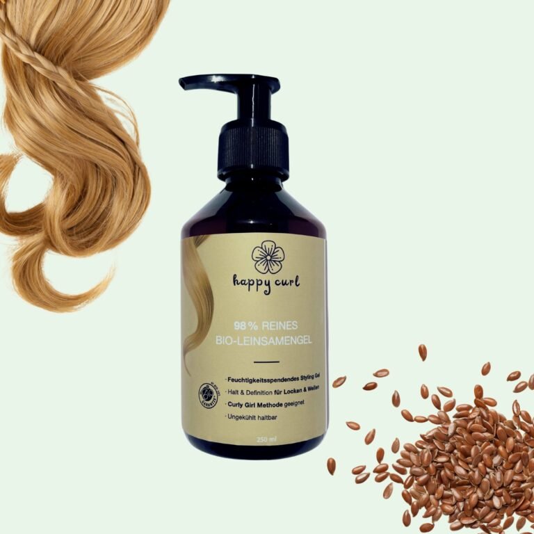 Flasche Happy Curl Leinsamengel auf grünem Hintergrund